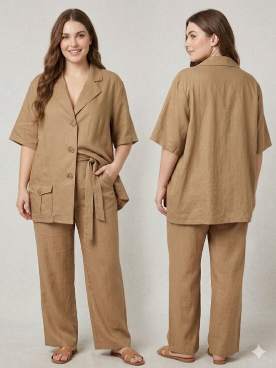 Maggie Barnes Jackets & Blazers - Maggie Barnes 3X Tan Linen Blend Blazer Short Sleeve Leopard Print Lining